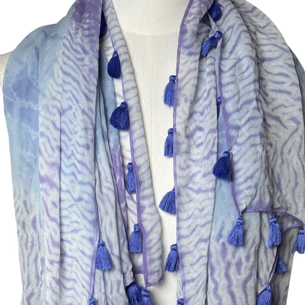 Boho Shibori Tie Dye Tassel Scarf Blue Lavender Lightweight‎ Wrap OS